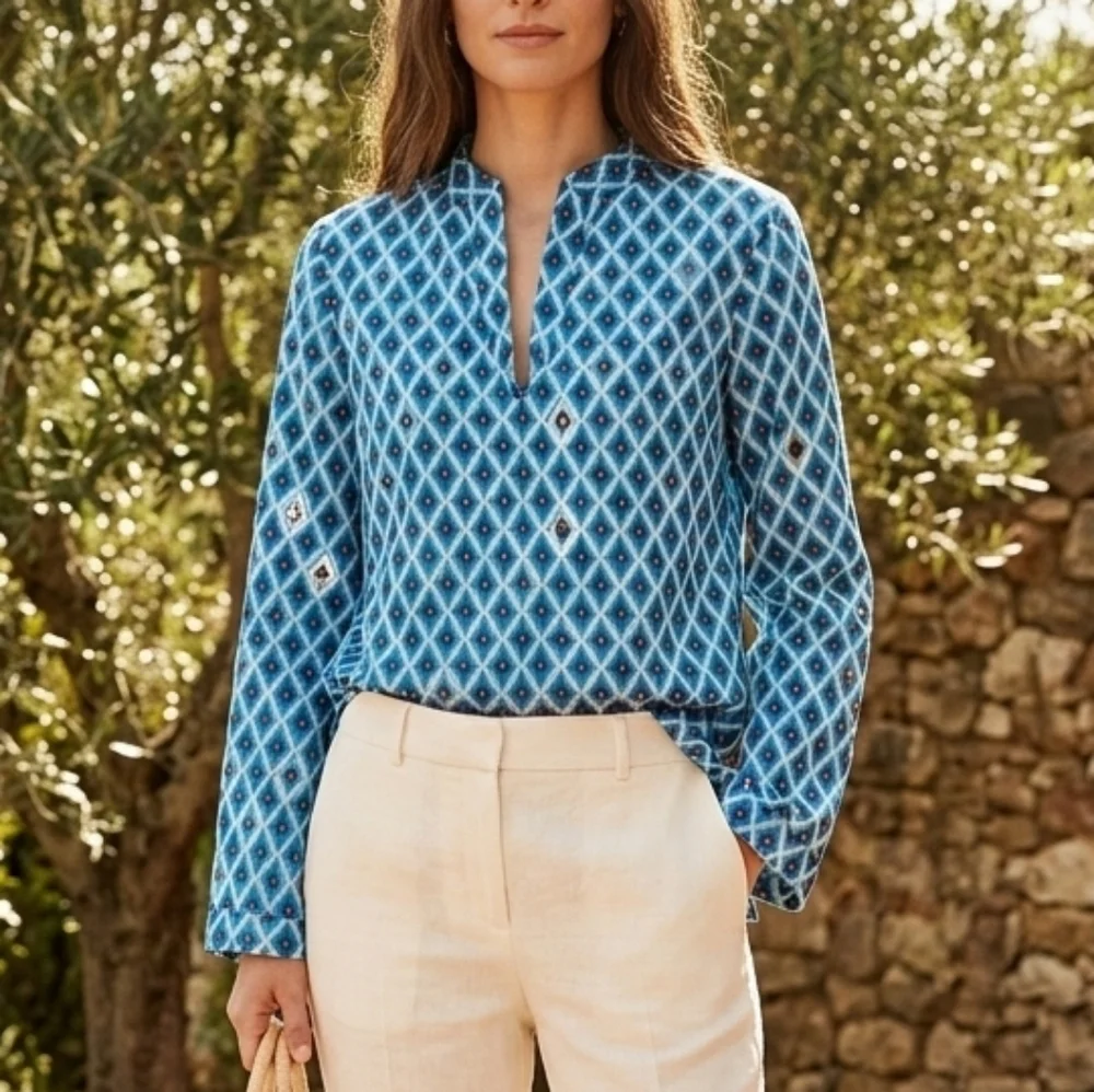 Tory Burch Blue Ikat Geometric Diamond Tunic Top-Mirrored Accents Size 4